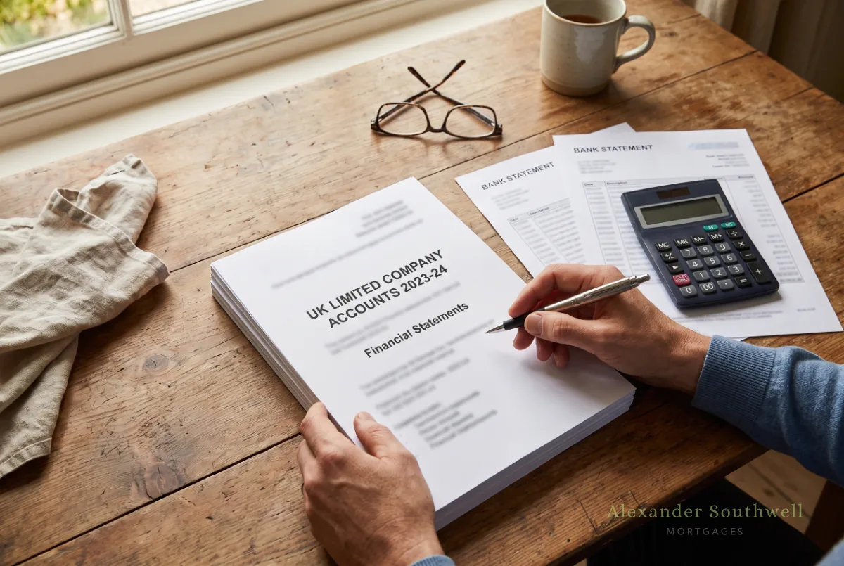 Company director checking limited company accounts and bank statements before a mortgage application