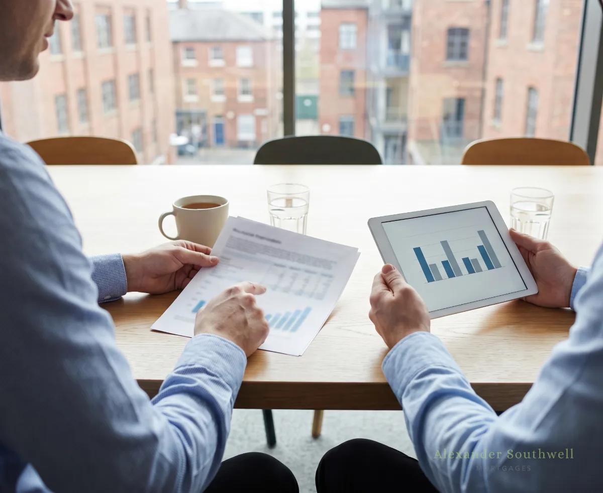 Mortgage broker going through a company director's salary, dividends and profit figures in a meeting