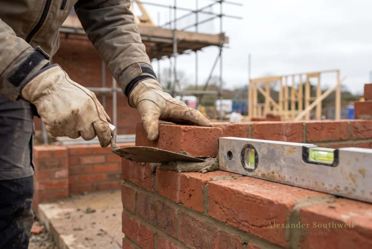Self employed bricklayer laying bricks on site, a typical CIS worker applying for a CIS mortgage