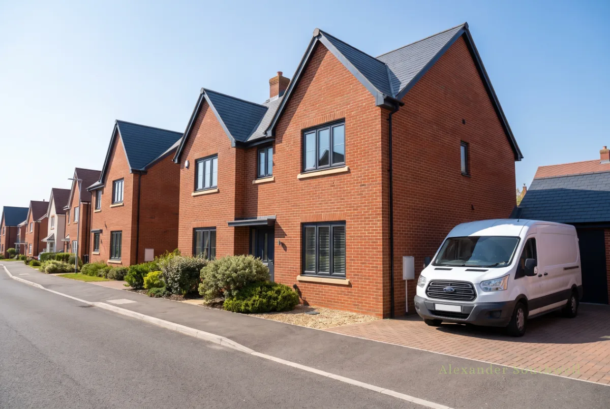 New red brick family home in Hampshire with a tradesman's van on the drive, bought with a CIS mortgage