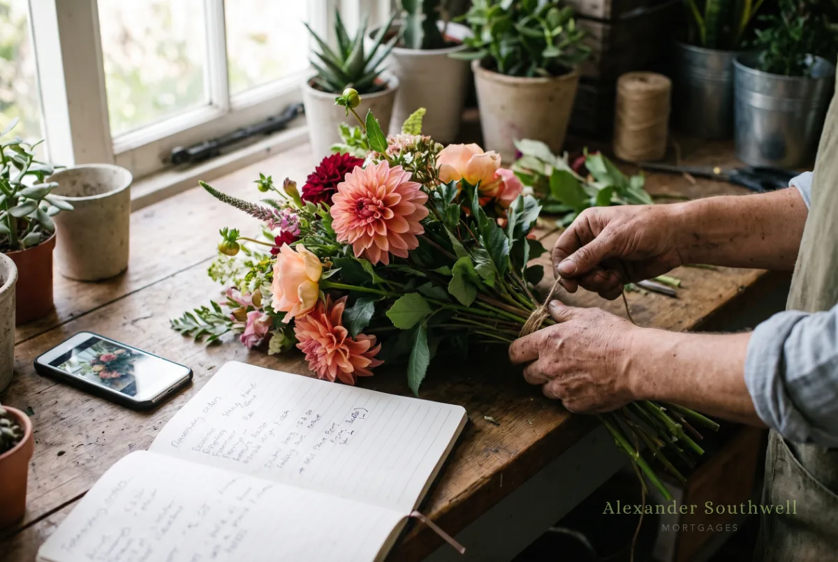 Self employed florist wrapping a bouquet in her shop with an order book on the bench
