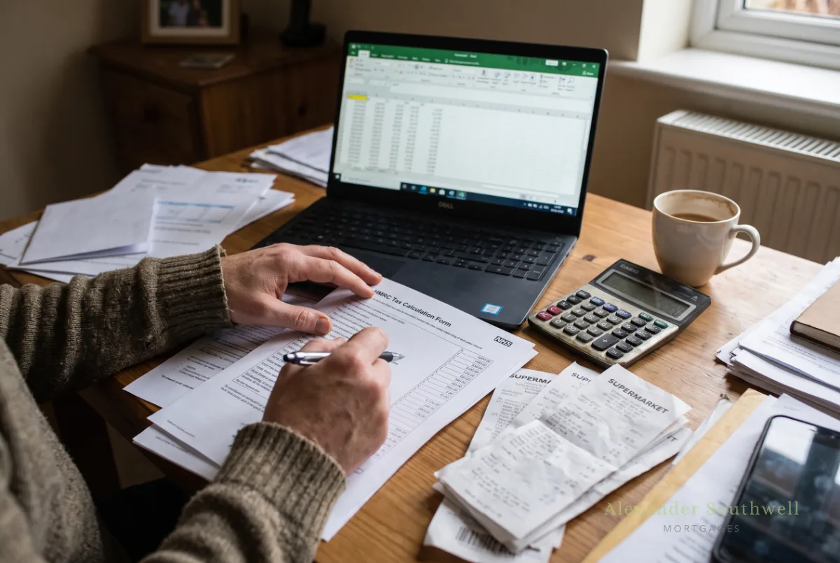 Self employed first time buyer checking tax calculations and accounts at a home office desk