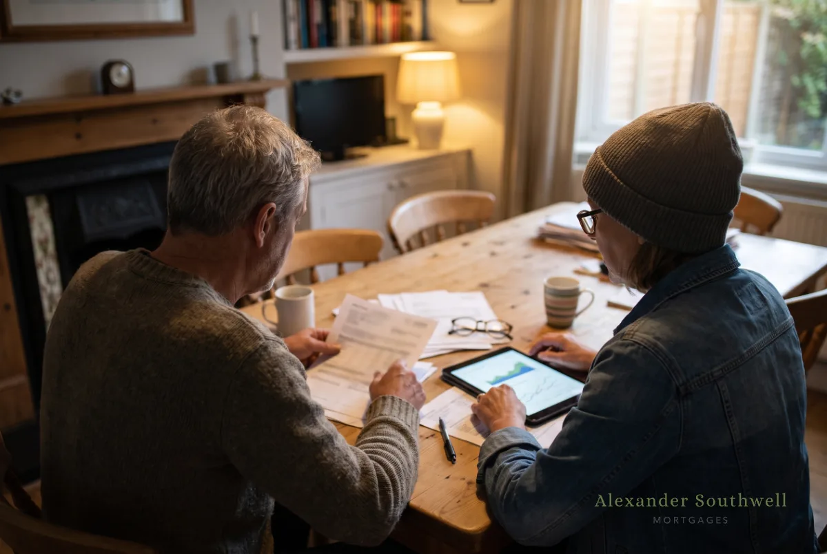 Parent helping a first time buyer go through gifted deposit and mortgage paperwork at home