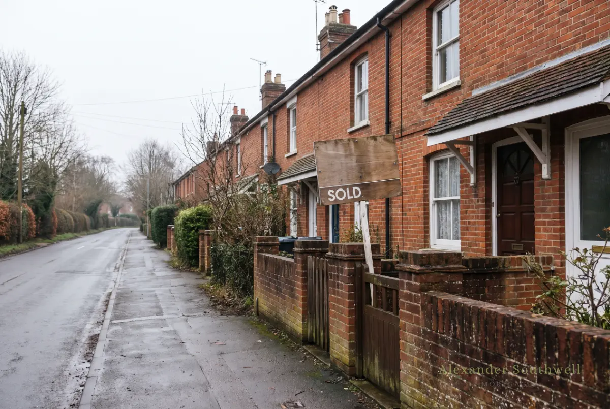 Row of red brick terraced houses with a sold sign, a typical first home in Hampshire