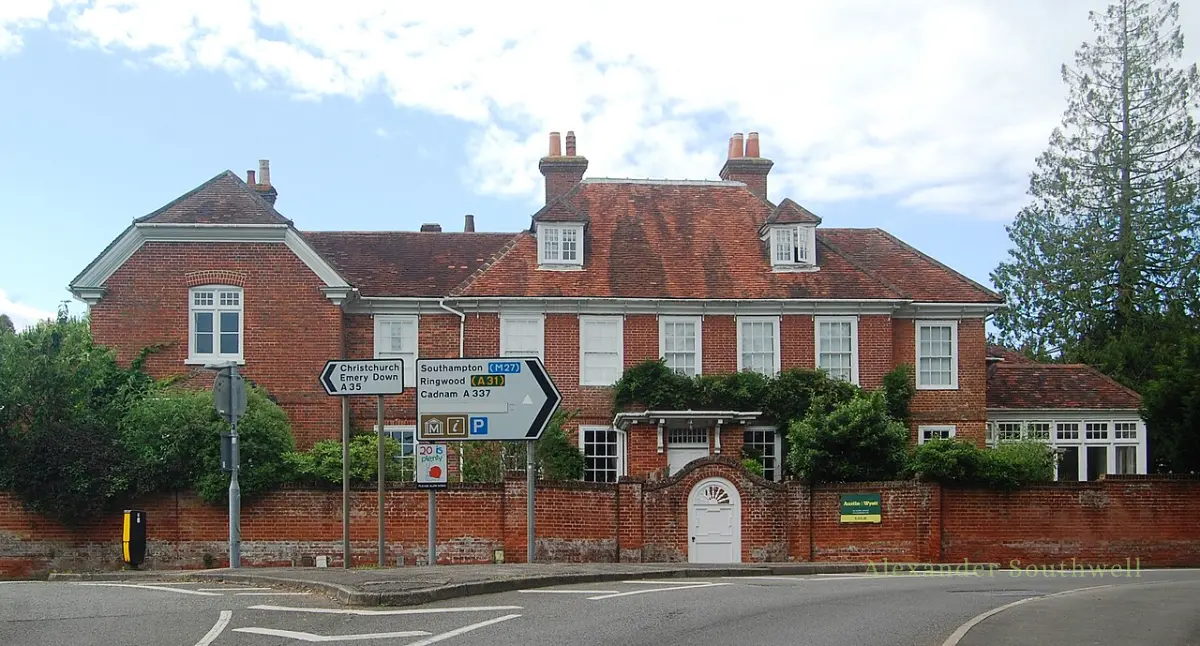 Red brick period house on Lyndhurst High Street in the New Forest, Hampshire