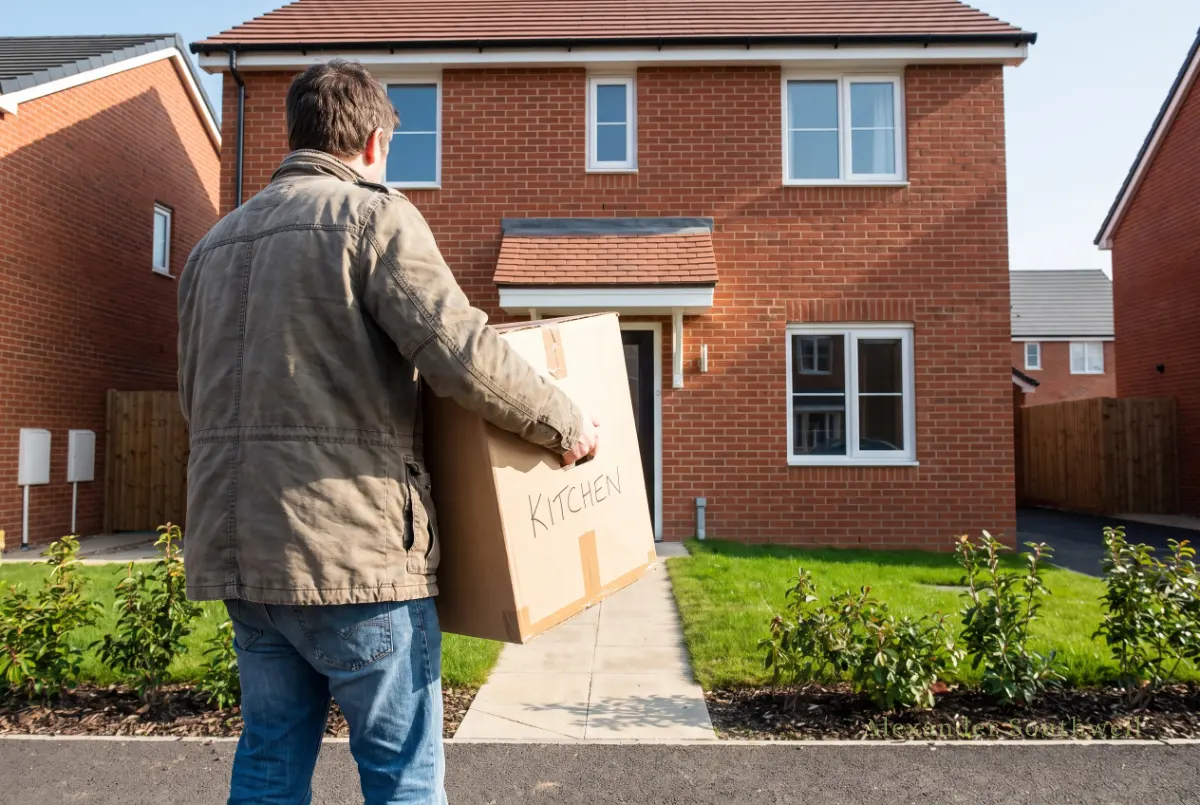 Buyer carrying a moving box up the path to a new build house bought with a Help to Buy mortgage