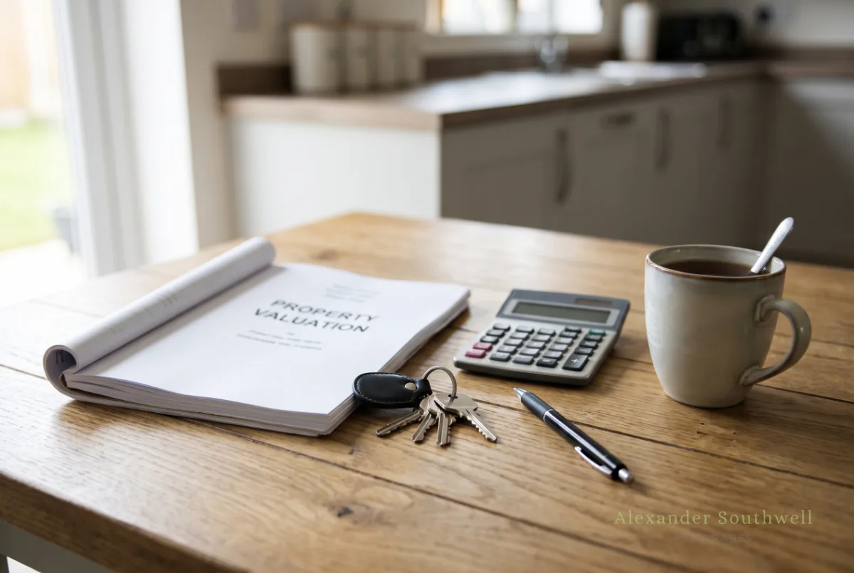 Property valuation report, house keys and calculator on a kitchen table, ready to repay a Help to Buy equity loan