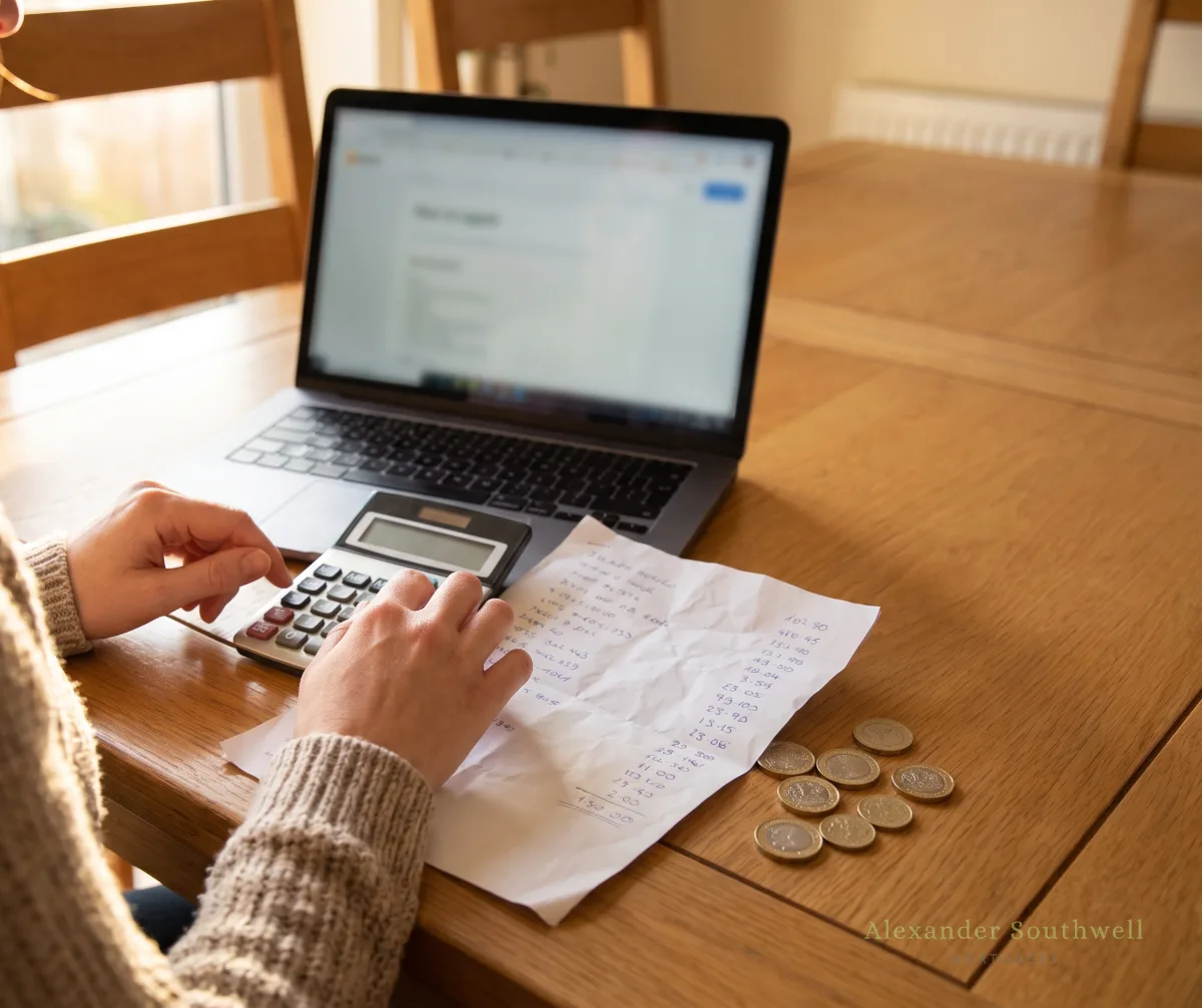 Homeowner working out Help to Buy interest fees with a calculator and laptop at the dining table