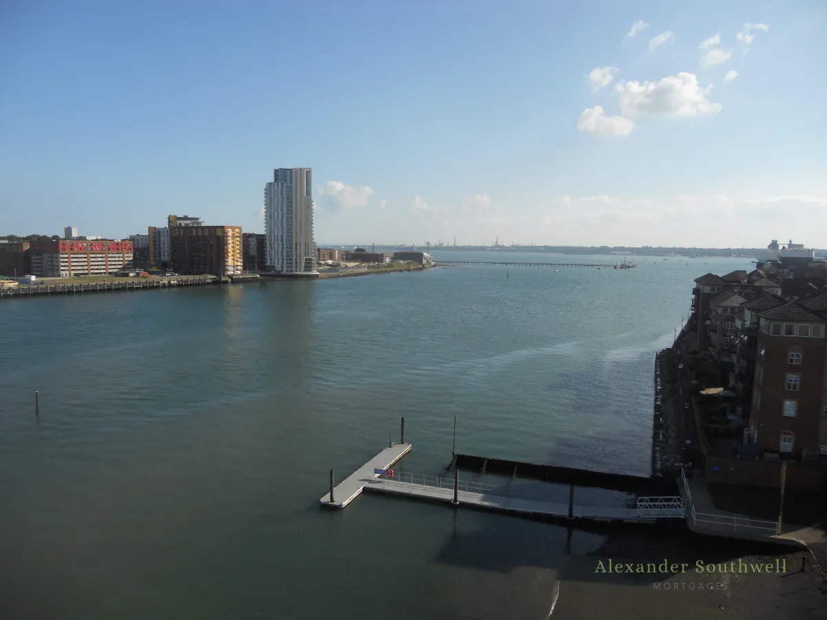 Waterside flats along the River Itchen, seen from the Itchen Bridge in Southampton