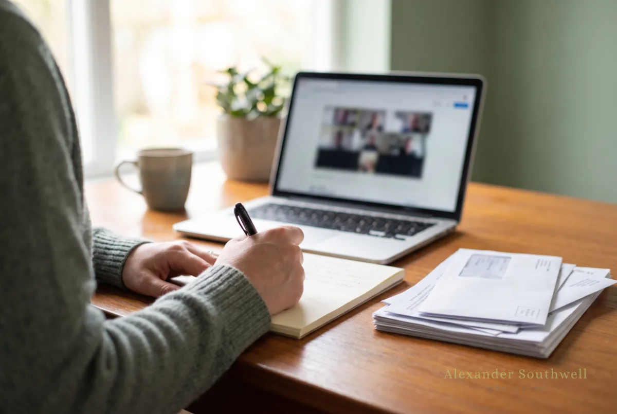 Making notes while comparing remortgage deals on a laptop, weighing up mortgage broker vs bank