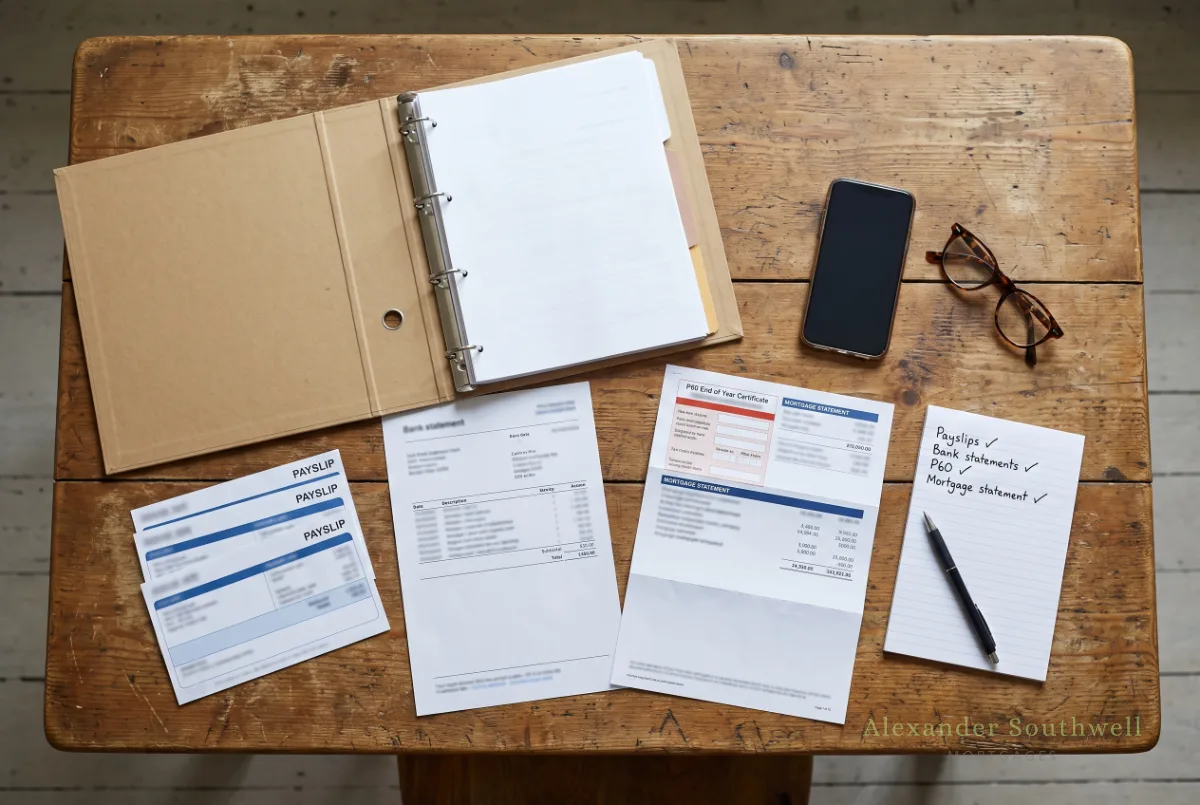 Remortgage checklist documents laid out on a table: payslips, bank statement, mortgage statement and a tick list