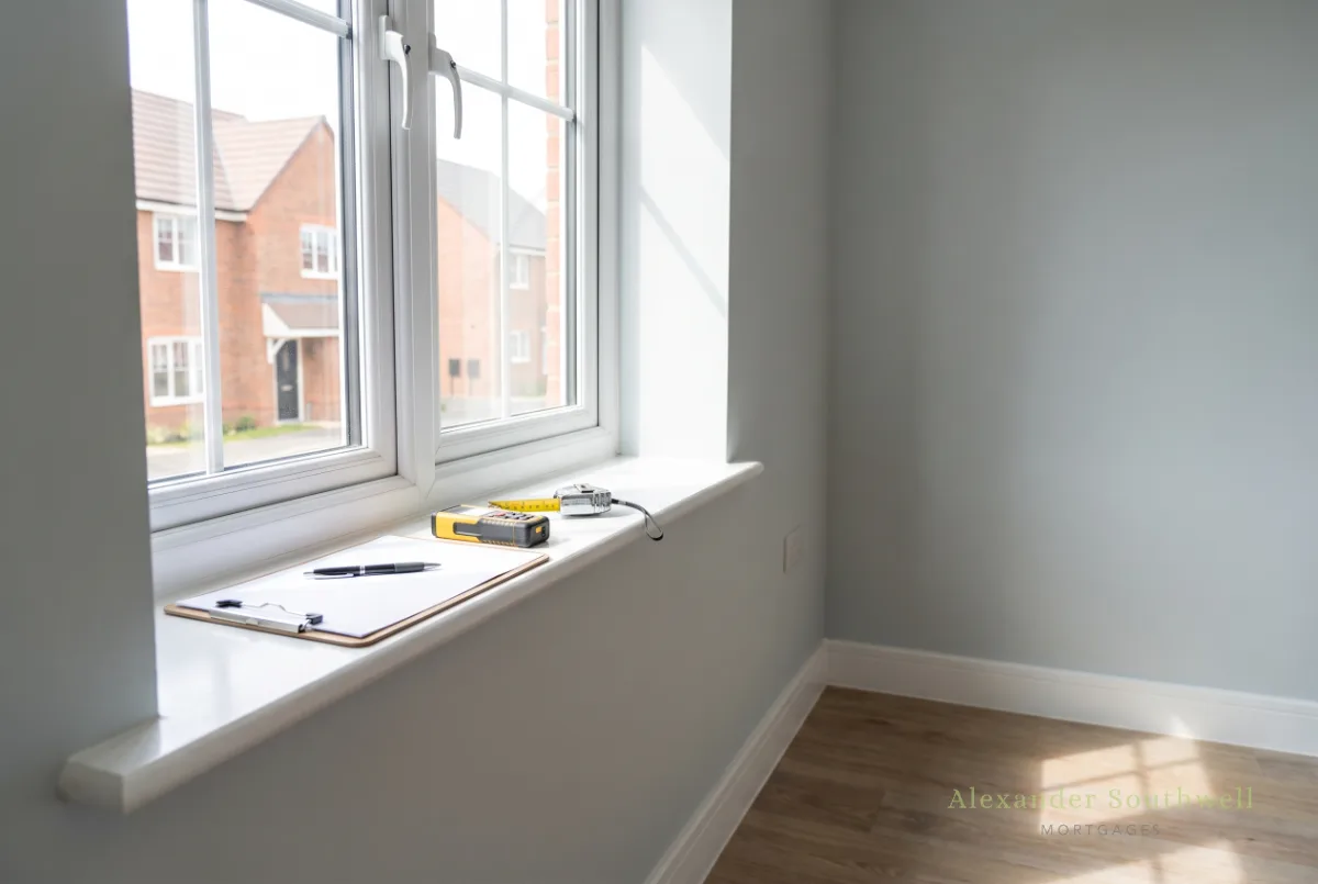 Clipboard and laser measure on a windowsill in a new build home, ready for a RICS valuation for a help to buy remortgage