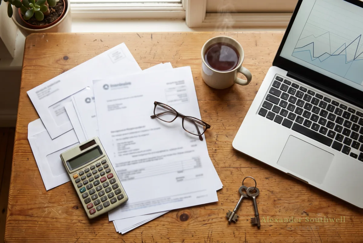 Mortgage paperwork, calculator and house keys on a kitchen table while planning to repay a Help to Buy equity loan
