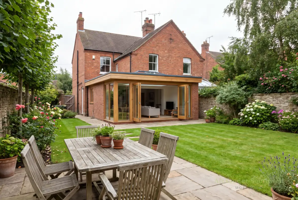 Rear of a family home with a garden and patio, the kind of property homeowners release equity from