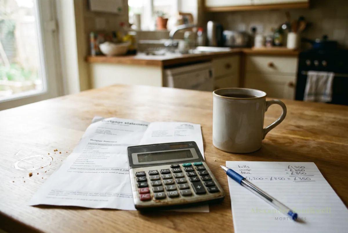 Mortgage statement, calculator and notes on a kitchen table while working out how much equity to release