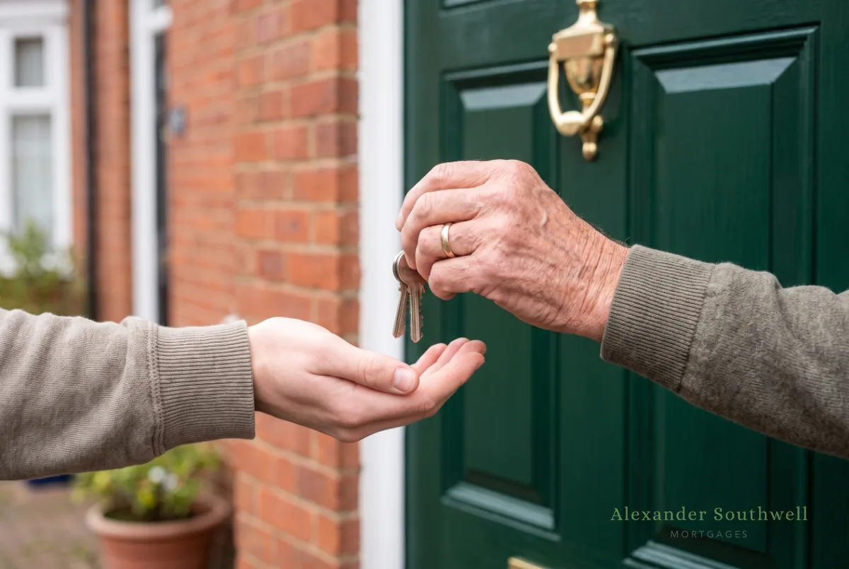 Parent handing house keys to their grown up child after using a remortgage to release equity for a deposit
