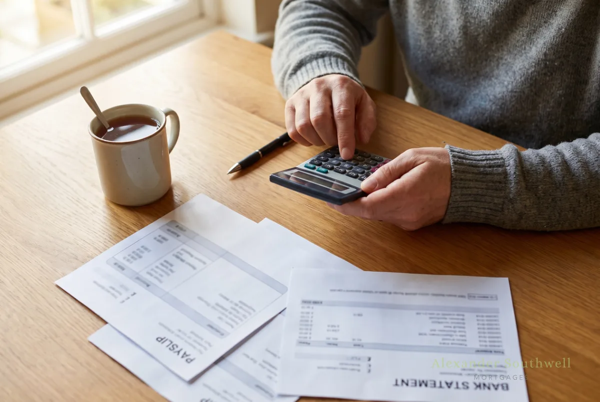 Payslips, a bank statement and a calculator on a kitchen table while working out mortgage affordability