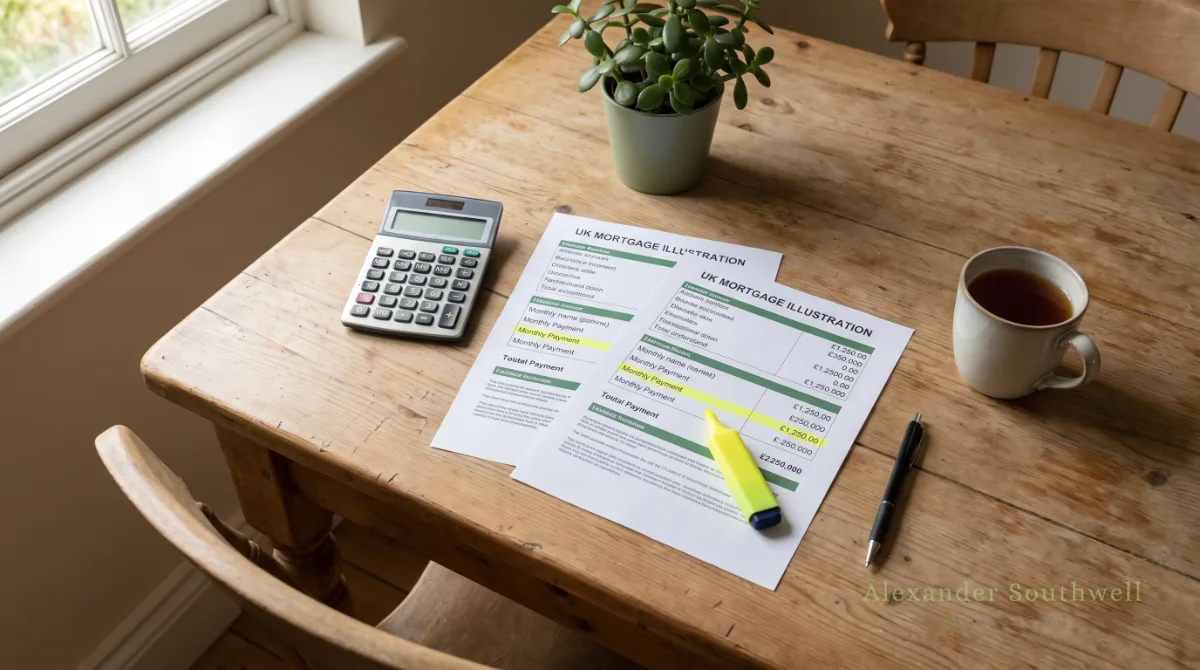 Two mortgage illustrations side by side on a kitchen table with a calculator, comparing deals with the mortgage interest calculator