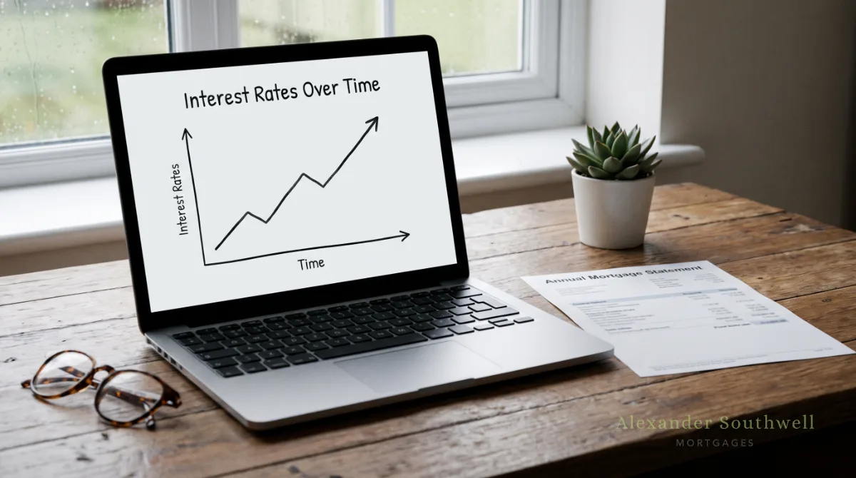Laptop showing an interest rate change chart next to an annual mortgage statement