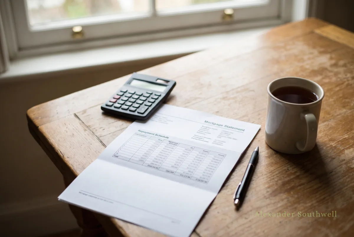 Mortgage statement showing a monthly repayment schedule next to a calculator, pen and mug of tea