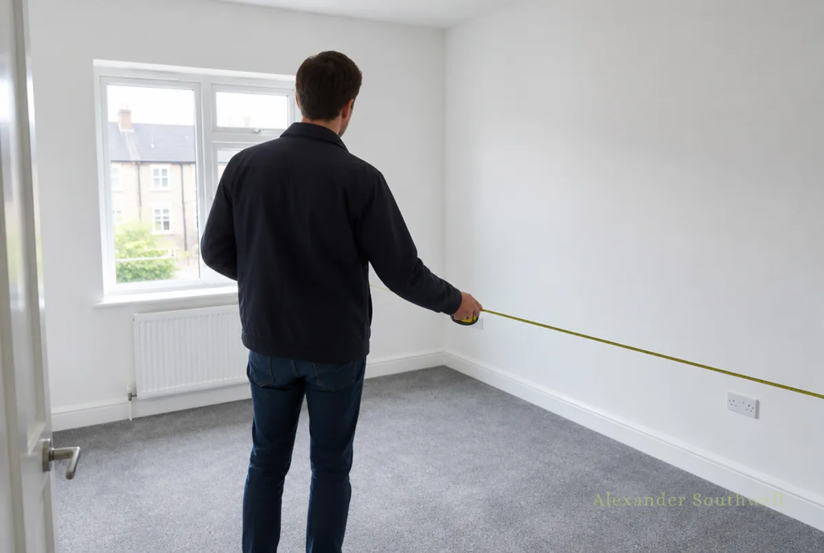 First time landlord measuring an empty bedroom in a newly bought rental flat