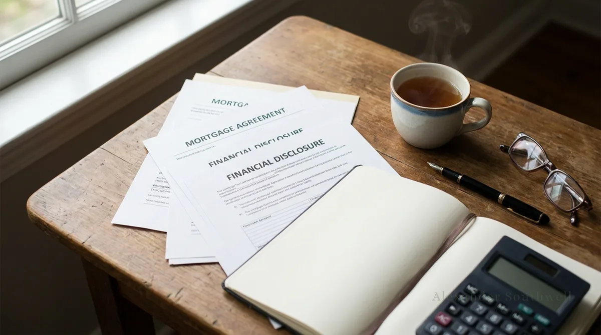 Mortgage paperwork and a calculator laid out on a desk