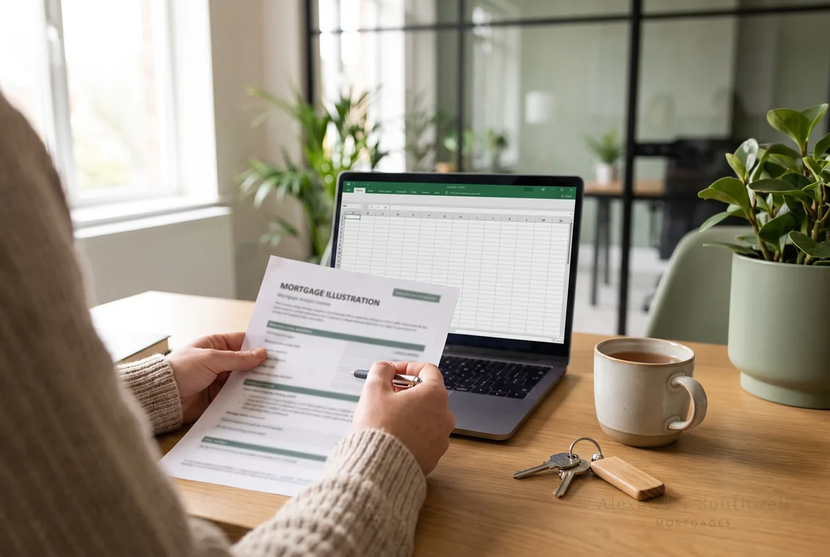 Mortgage broker reviewing an Accord Mortgages illustration at a desk with a laptop and house keys