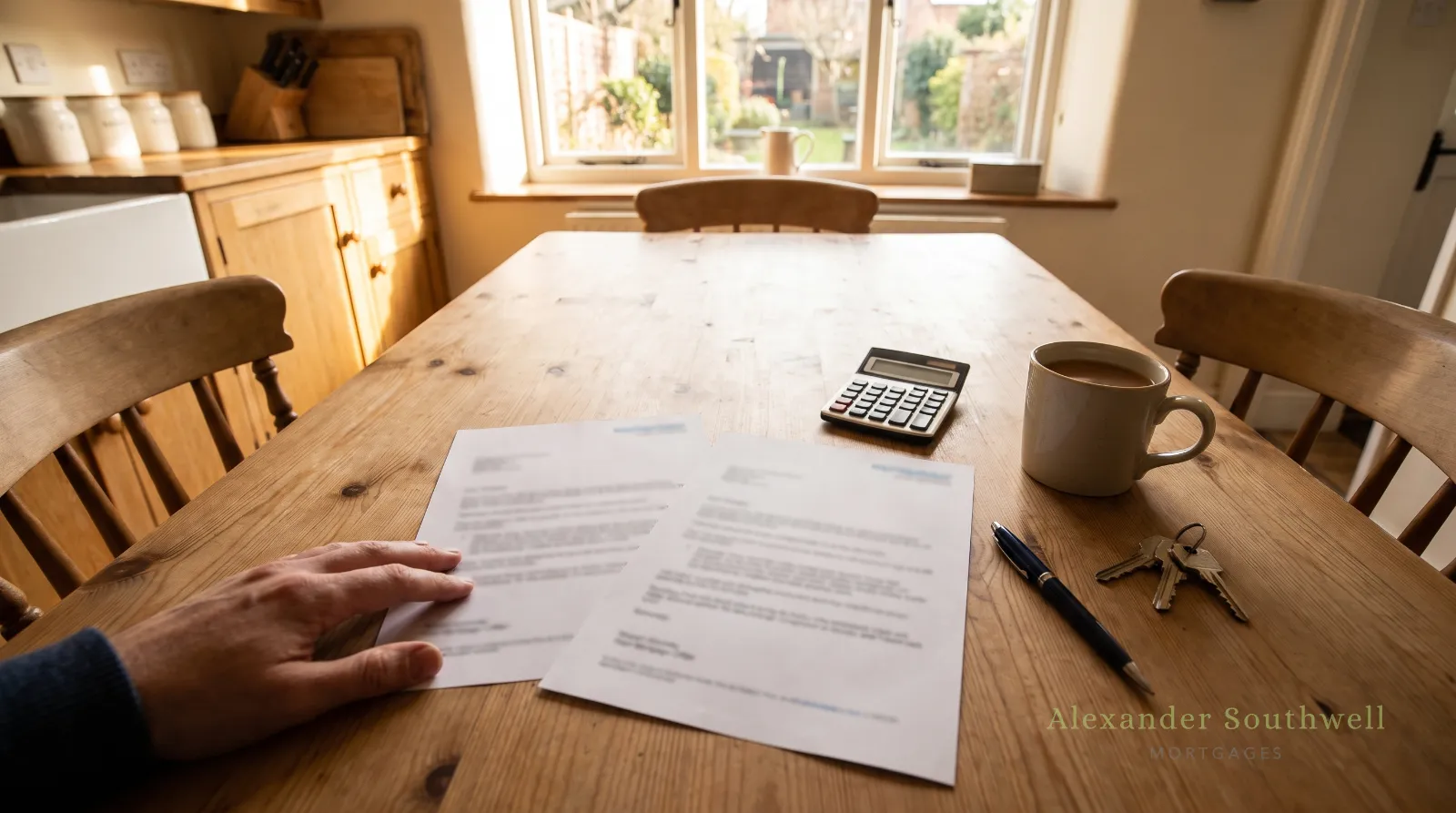 Homeowner comparing two mortgage offer letters at a kitchen table, weighing up a product transfer against a remortgage