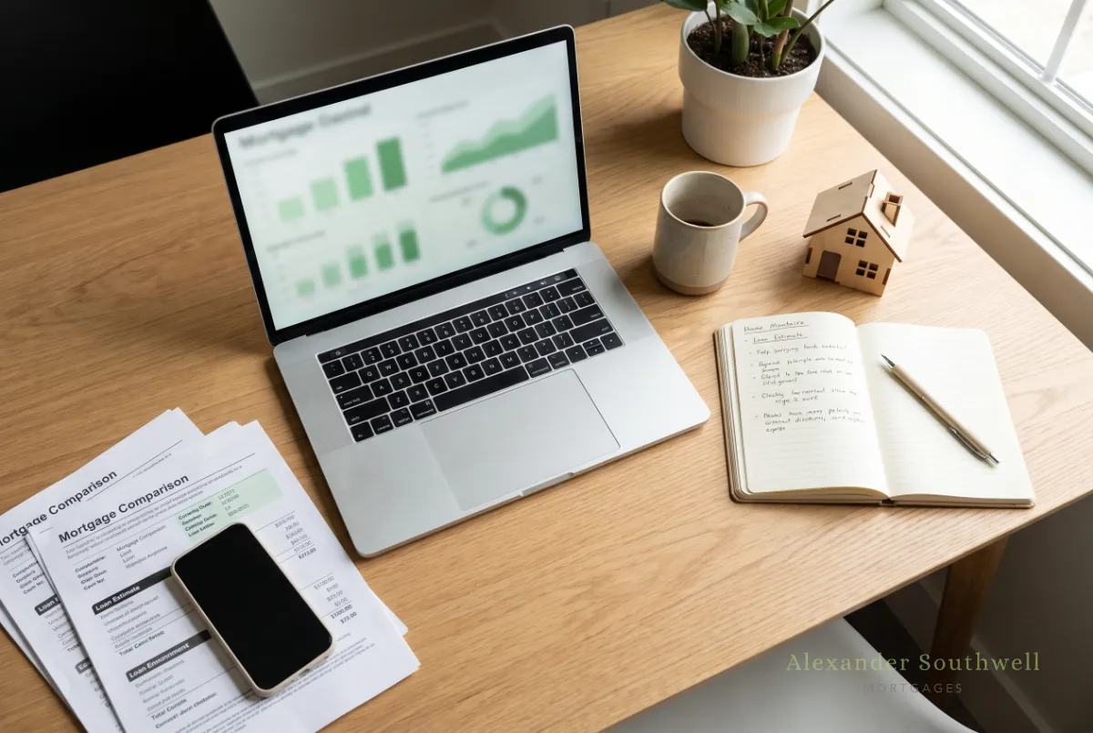 Mortgage adviser's desk with a laptop comparison chart, paperwork and a model house, weighing up a product transfer against a remortgage