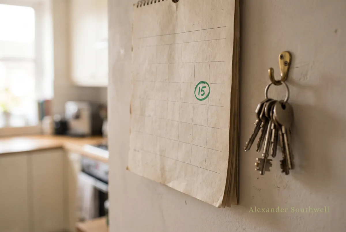 Calendar with the date a fixed rate mortgage deal ends circled in green pen, with house keys hanging beside it