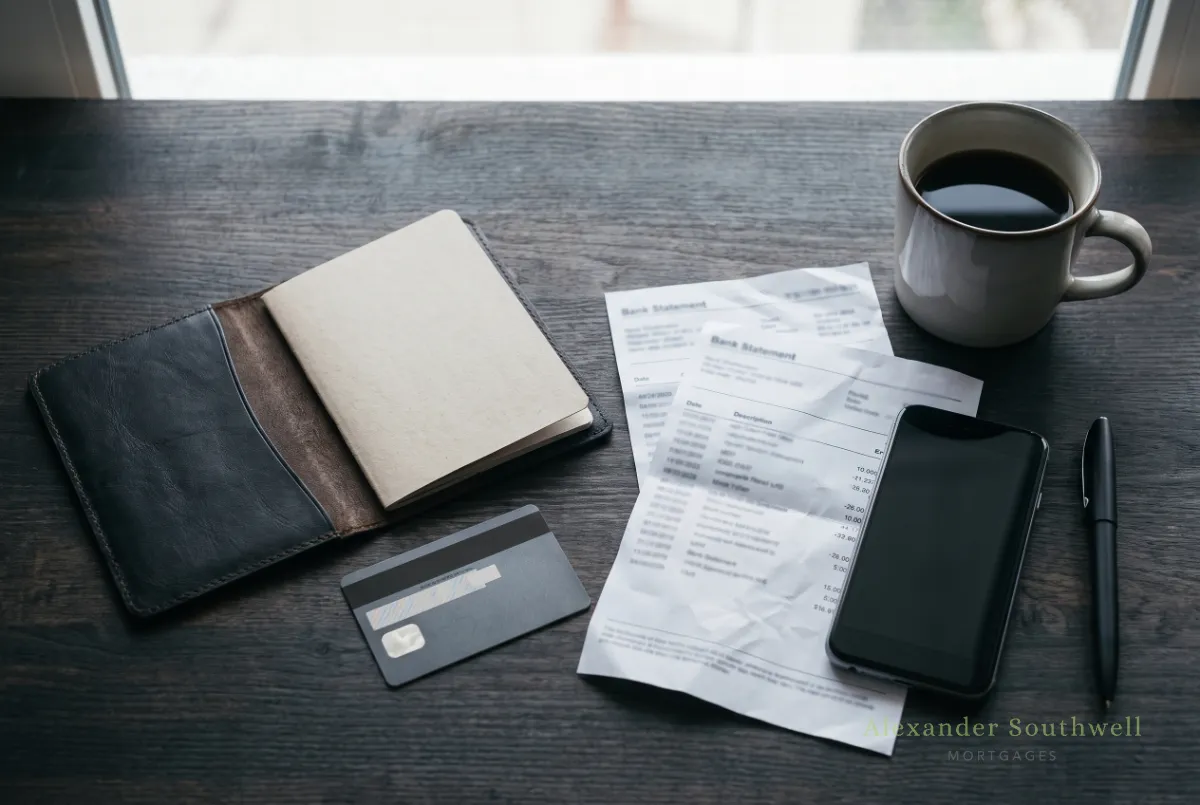 Passport, bank card and bank statements laid out on a desk, the documents a non UK citizen needs for a UK mortgage application