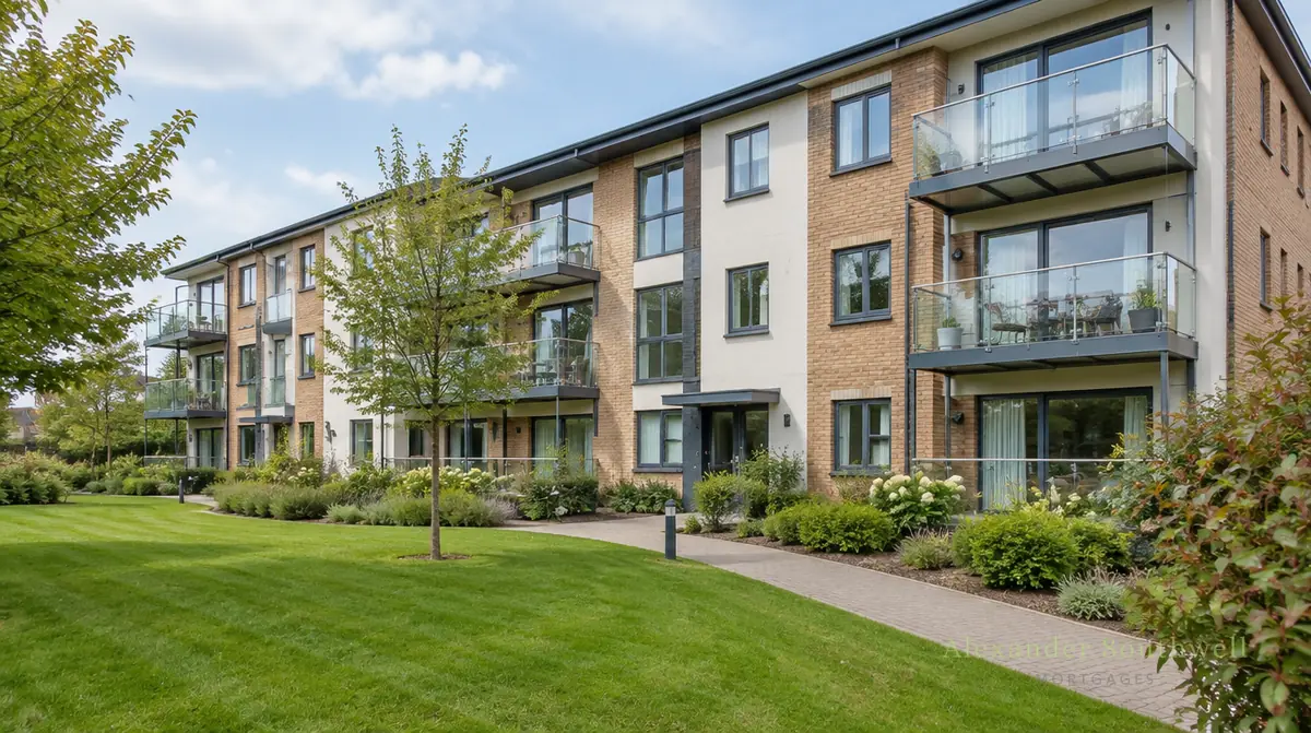 Modern British apartment block of rental flats with balconies and a communal lawn