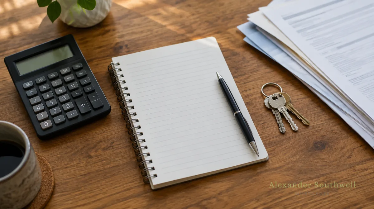 Calculator, notepad, pen and house keys on a desk, used to work out buy to let rental yield