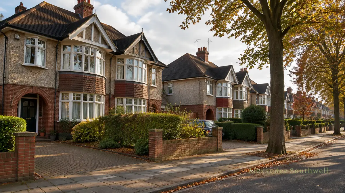 Street of 1930s semi detached houses in a British suburb, typical buy to let housing stock