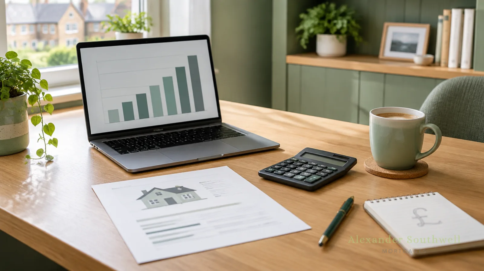 Desk with a laptop chart, printed mortgage illustration, calculator and notepad used to compare mortgage broker costs