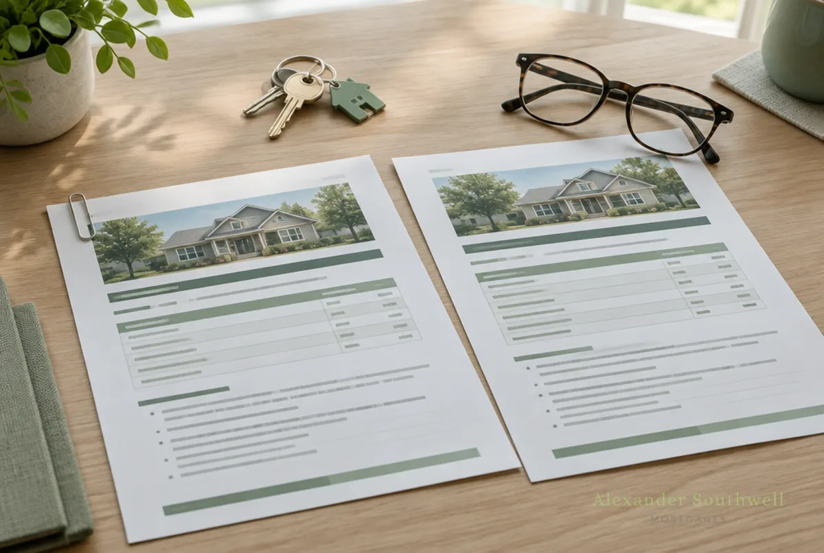 Two printed mortgage offer documents side by side on a table with house keys and reading glasses