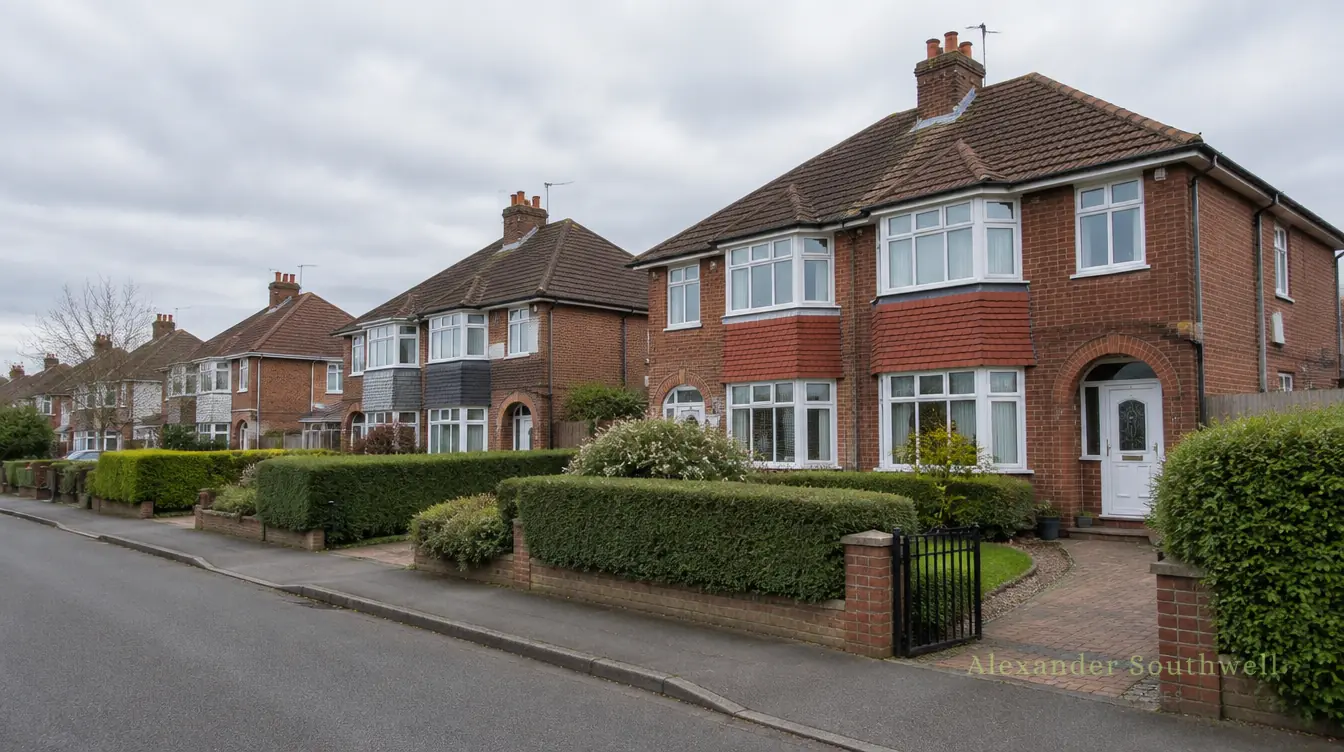 Row of British red brick semi detached houses with bay windows on a quiet suburban street
