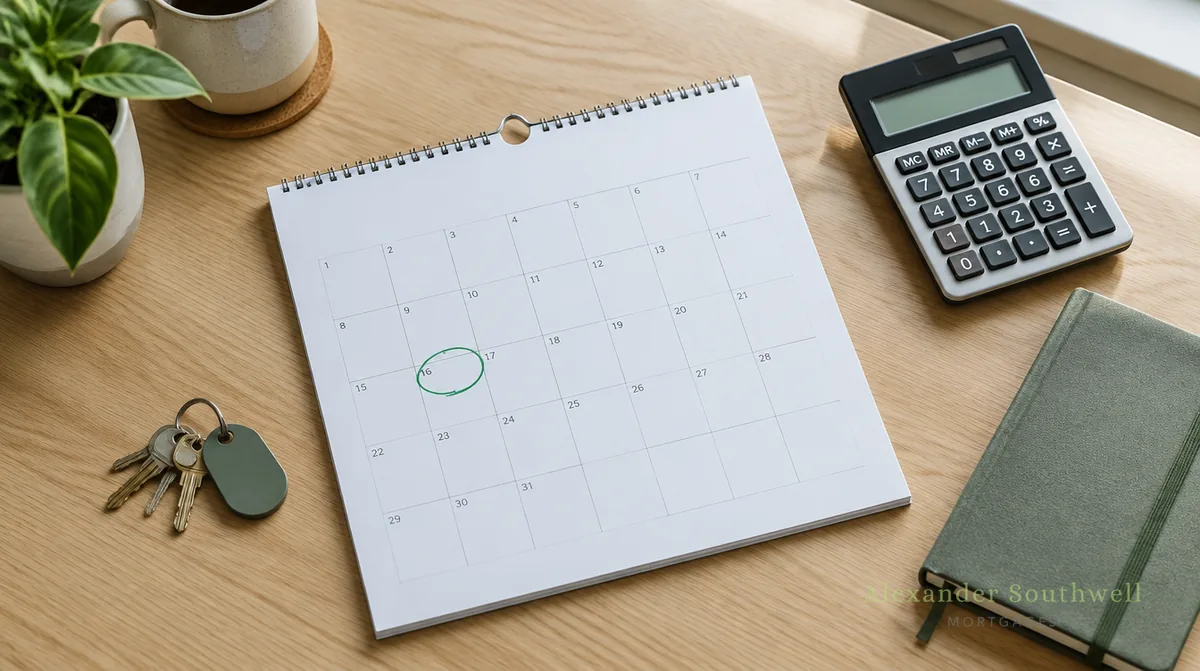 Paper wall calendar with a date circled in green ink beside house keys and a calculator