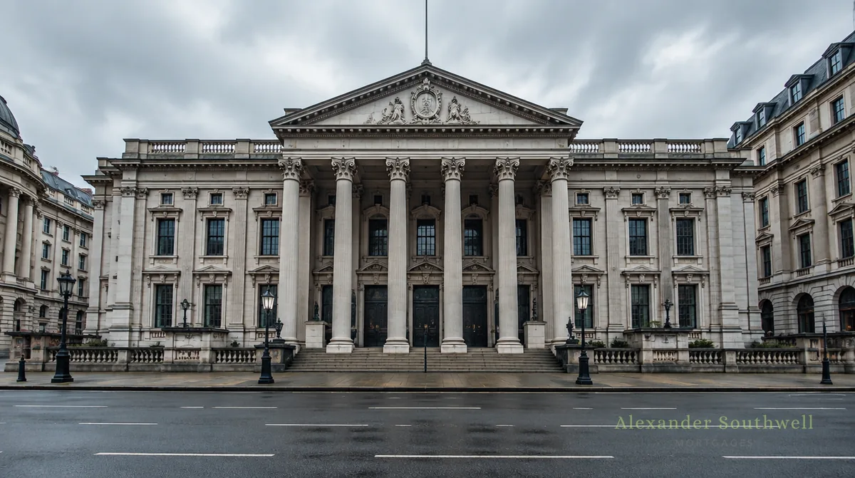 Neoclassical stone facade of a British central bank building on an empty city street