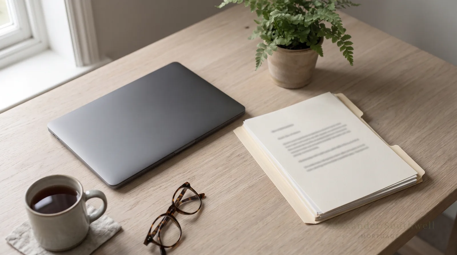 Mortgage application paperwork, a laptop and reading glasses on a British home office desk during the underwriting process