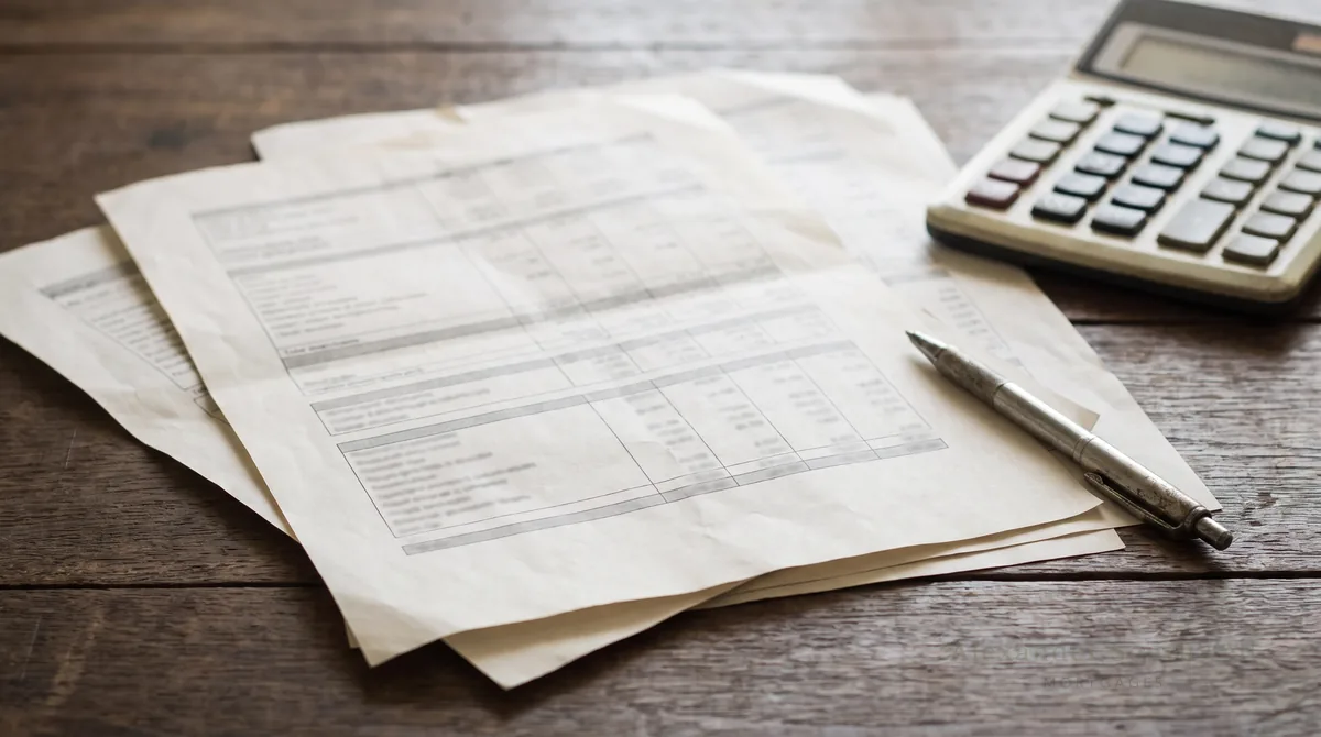Bank statements, payslips and a calculator laid out as a mortgage underwriter would review them