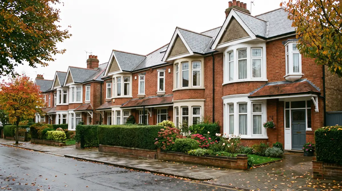 A row of red brick British semi detached houses of the type a lender values during mortgage underwriting