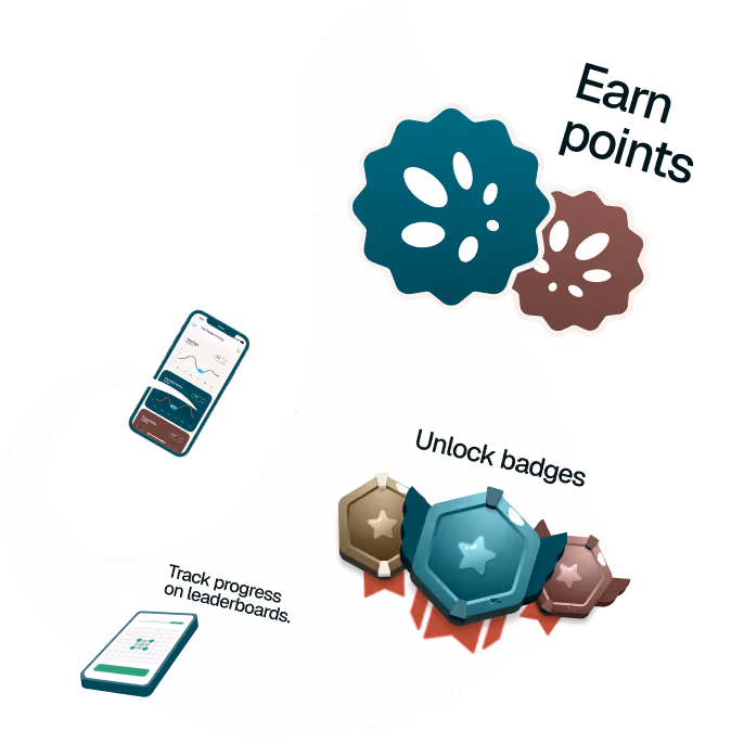 Icons of badges, leaderboard chart, and mobile progress tracking for earning badges and tracking progress.