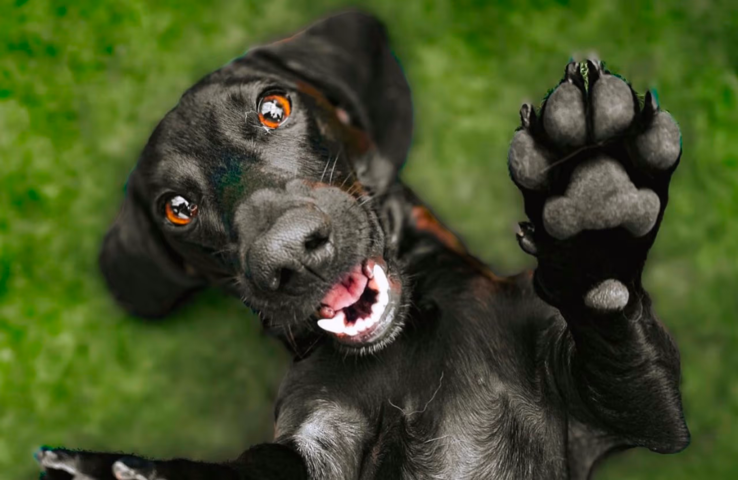 Playful black dog lying on green grass with one paw raised toward the camera.