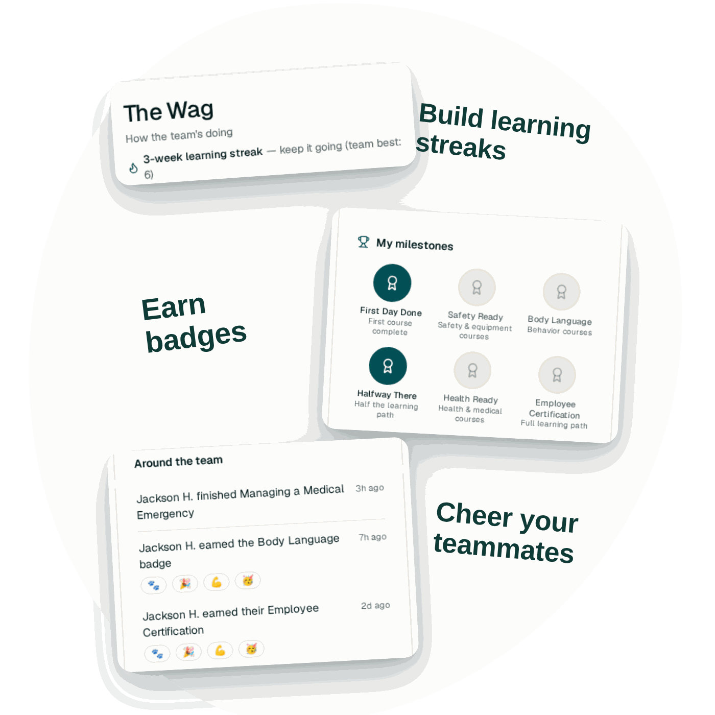 App screens showing a team learning streak, milestone badges, and teammate reactions in The Wag.