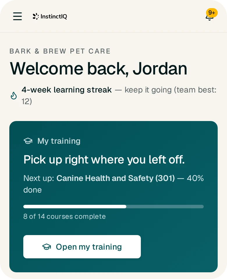 The EssentialsIQ app home screen with an employee's training progress