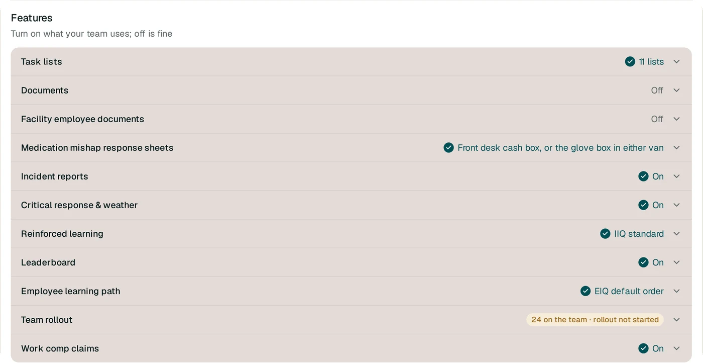 The EssentialsIQ Setup Hub, where facilities choose the features they use