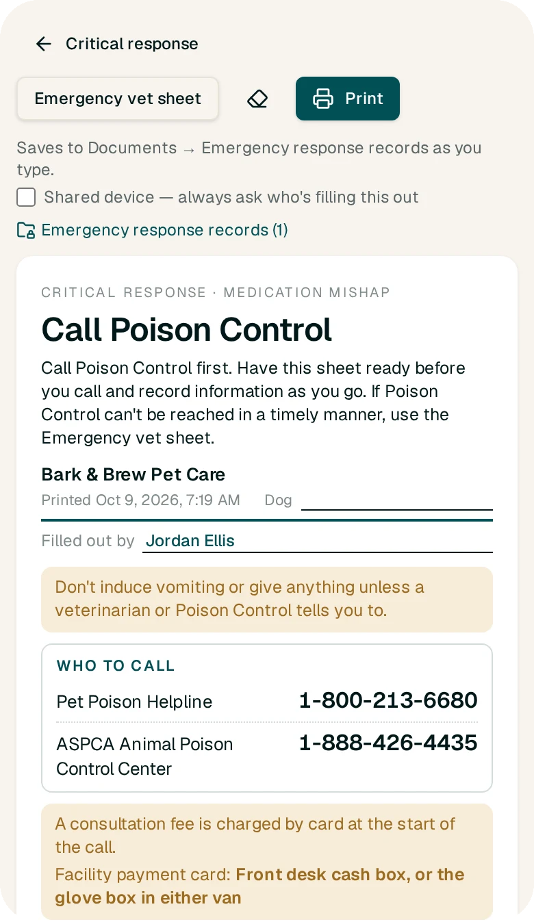 A Critical Response medication mishap sheet in the EssentialsIQ app
