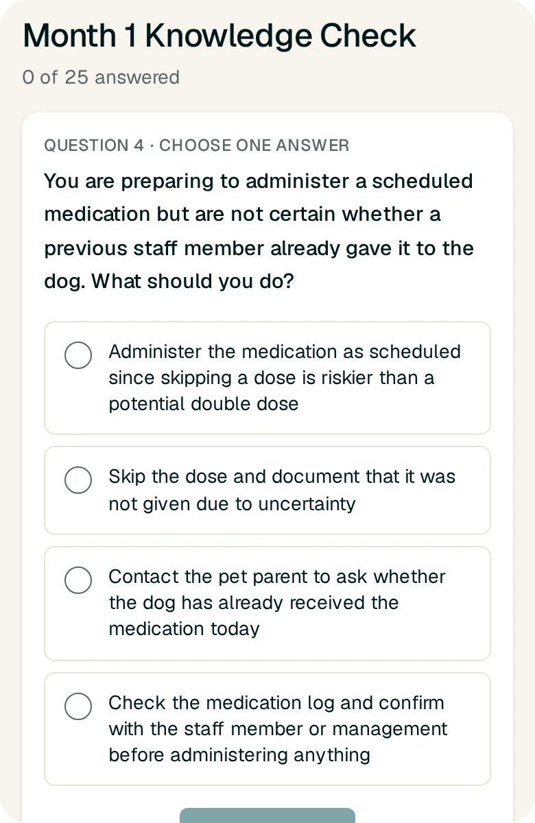 A Reinforced Learning knowledge check question on medication administration in the EssentialsIQ app
