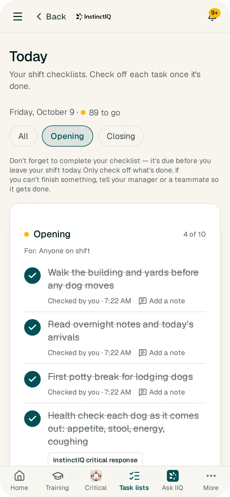 An opening task list in the EssentialsIQ app